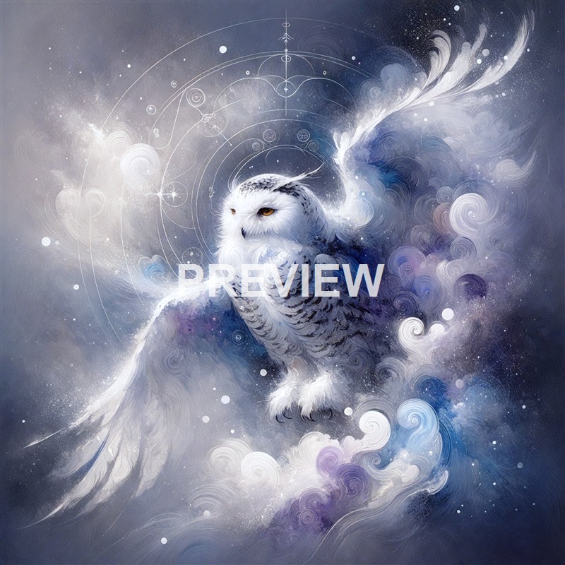 An artistic depiction of a majestic white owl with piercing eyes, surrounded by swirling clouds, stars, and celestial patterns in a mystical, cosmic setting.